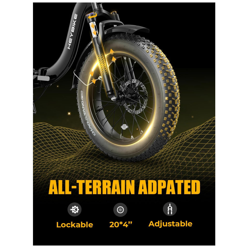 Bicicleta Elétrica Dobrável Heybike Ranger 2.0 Preta | Autonomia 88 km, Velocidade 40 km/h, Motor Potente, Pneus 20"x4", Suspensão Frontal, Freios a Disco