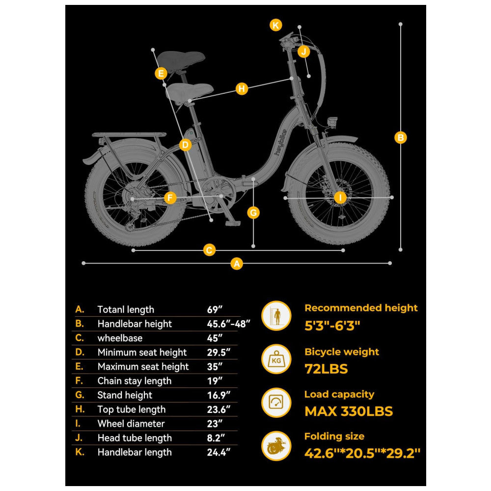 Bicicleta Elétrica Dobrável Heybike Ranger 2.0 Preta | Autonomia 88 km, Velocidade 40 km/h, Motor Potente, Pneus 20"x4", Suspensão Frontal, Freios a Disco