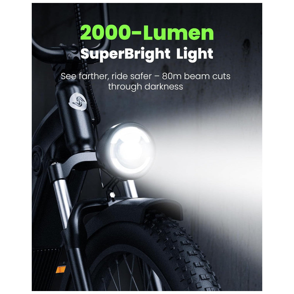 Bicicleta Elétrica Isinwheel U8 1000W – Bateria Removível 48V 13Ah, Rodas 20", Suspensão Dupla, Pneus Fat Resistentes a Furos, Freios a Disco, Iluminação 2000lm – Preta