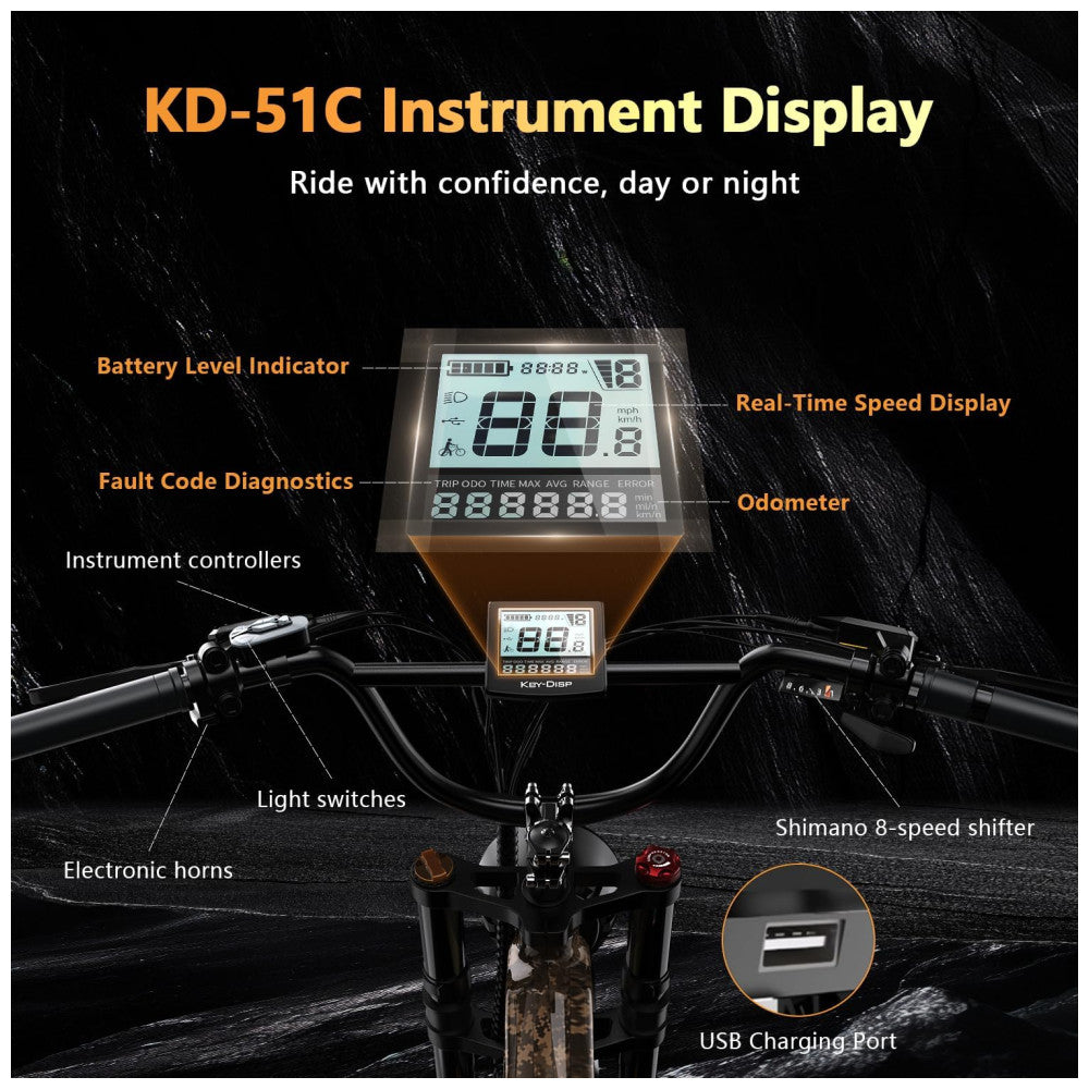 Bicicleta Elétrica Kebiko K6F Dourado 20" | Motor 2000W (Pico), Bateria 48V 25Ah, 8 Velocidades, Freios Hidráulicos