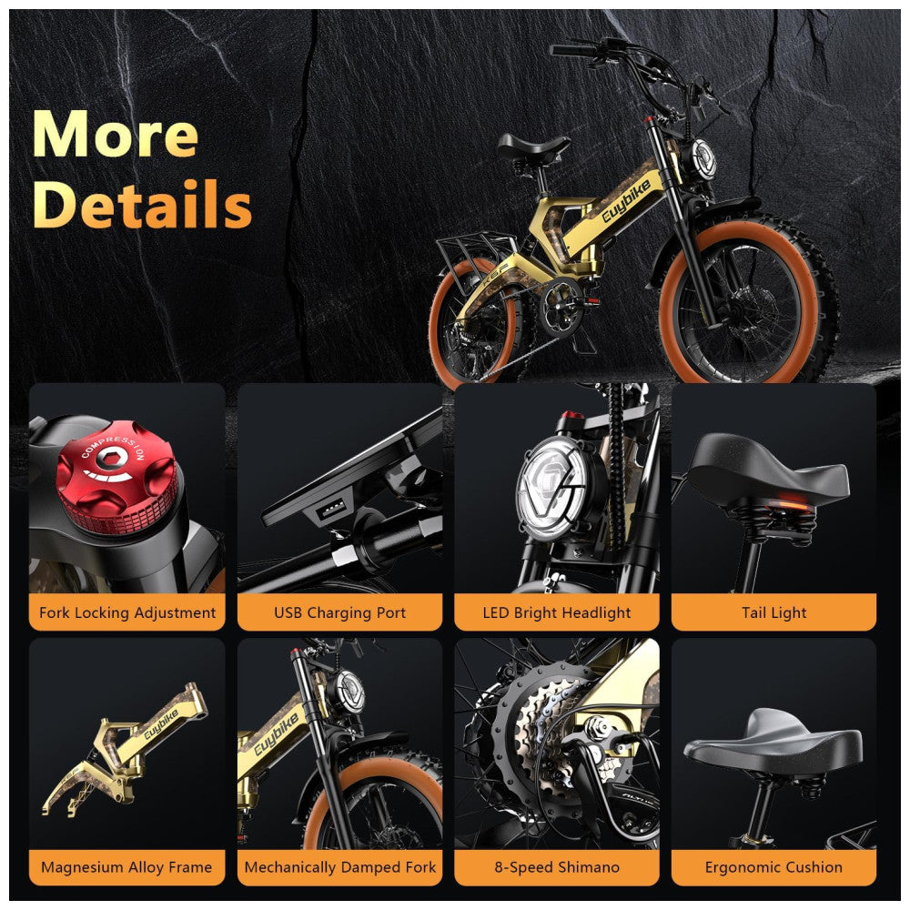 Bicicleta Elétrica Kebiko K6F Dourado 20" | Motor 2000W (Pico), Bateria 48V 25Ah, 8 Velocidades, Freios Hidráulicos