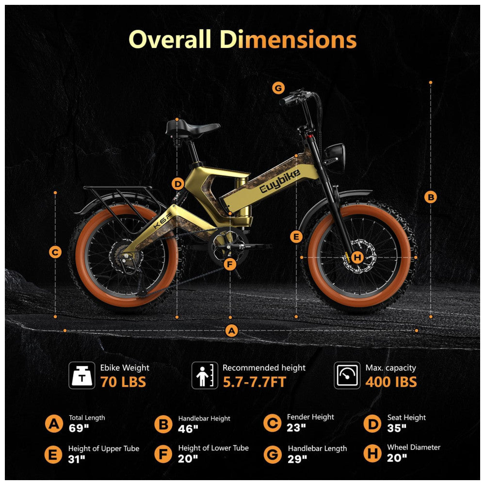Bicicleta Elétrica Kebiko K6F Dourado 20" | Motor 2000W (Pico), Bateria 48V 25Ah, 8 Velocidades, Freios Hidráulicos