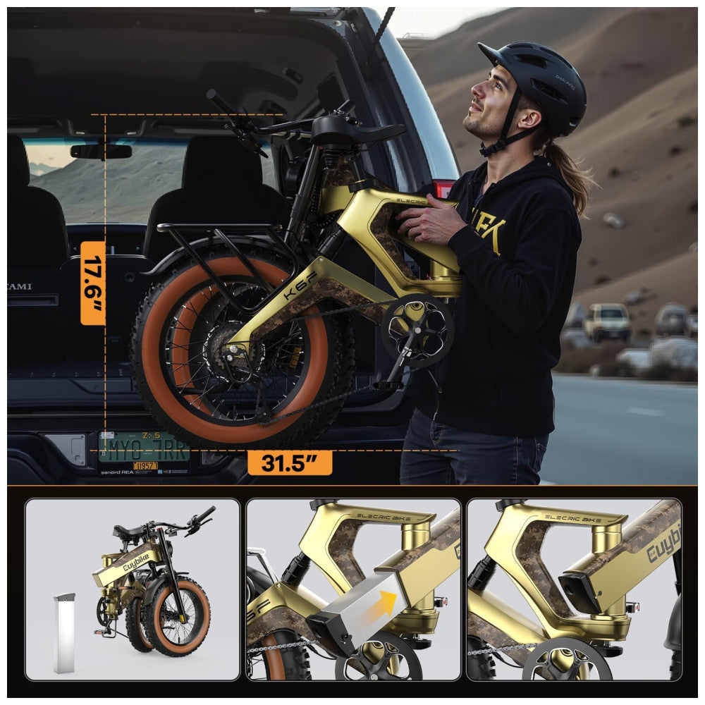 Bicicleta Elétrica Kebiko K6F Dourado 20" | Motor 2000W (Pico), Bateria 48V 25Ah, 8 Velocidades, Freios Hidráulicos