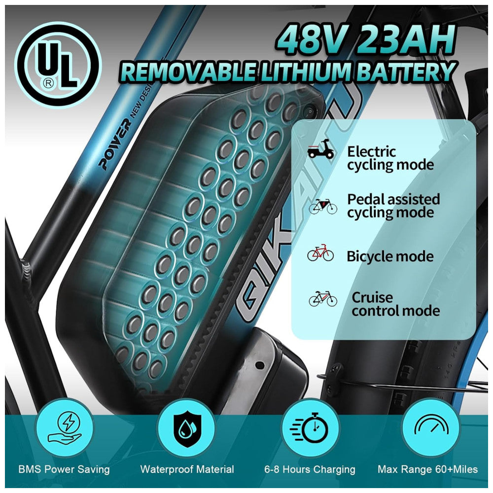E-bike QIKAITU Q7 com Motor Duplo 2000W, Bateria 48V 23Ah UL2849, Suspensão Hidráulica e Autonomia de 96 km, Preta e Amarela