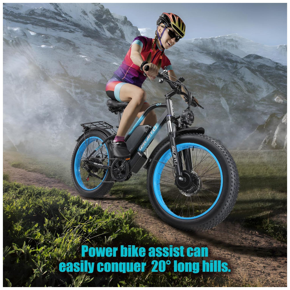 E-bike QIKAITU Q7 com Motor Duplo 2000W, Bateria 48V 23Ah UL2849, Suspensão Hidráulica e Autonomia de 96 km, Preta e Amarela