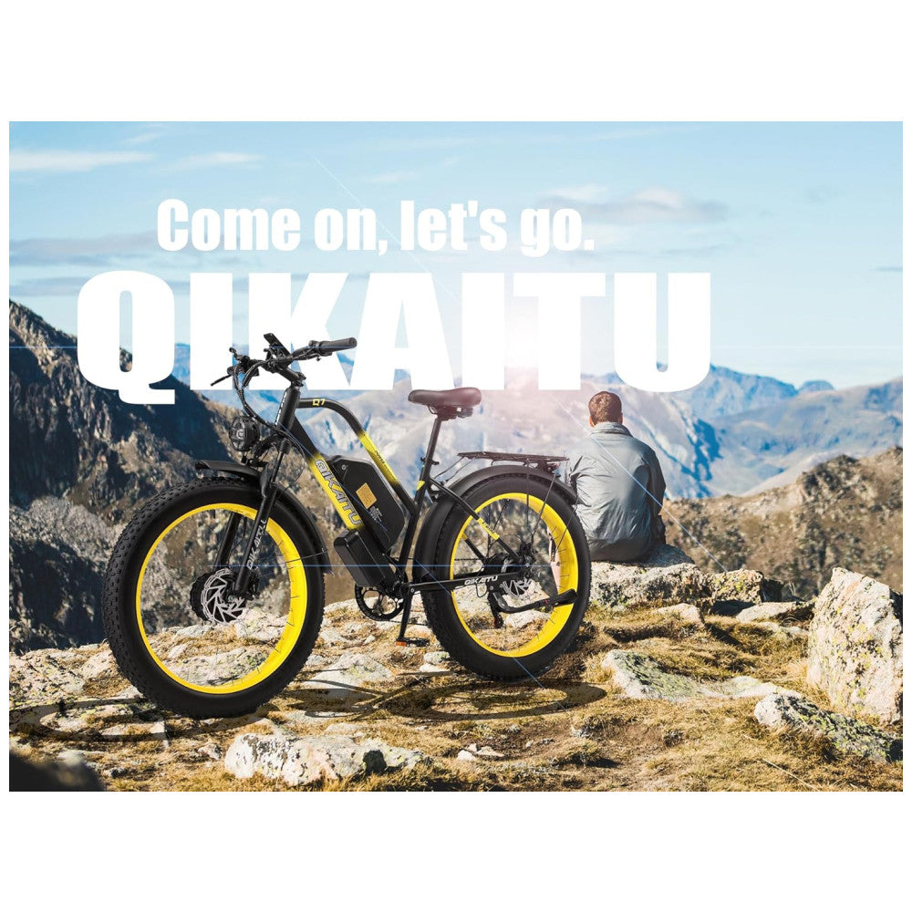 E-bike QIKAITU Q7 com Motor Duplo 2000W, Bateria 48V 23Ah UL2849, Suspensão Hidráulica e Autonomia de 96 km, Preta e Amarela