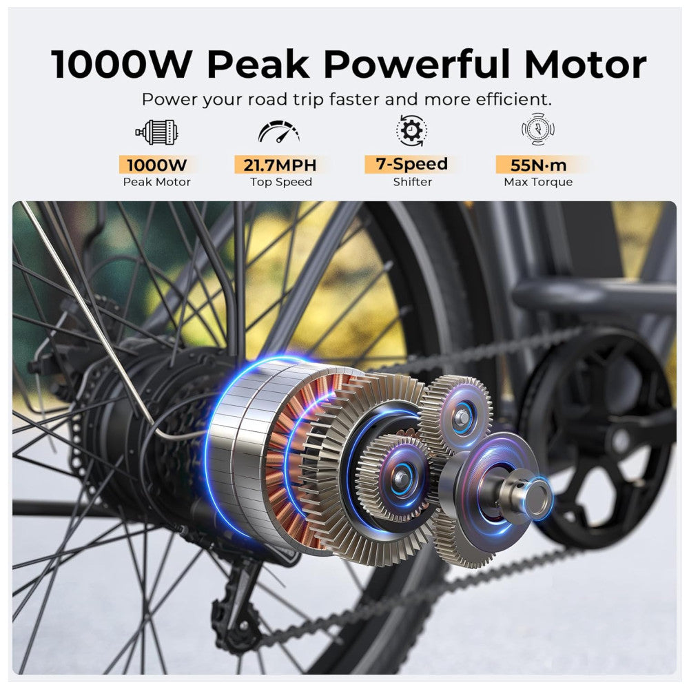 Bicicleta Elétrica Funhang EB C1 1000W com Bateria Removível 48V, 7 Velocidades e Tela LCD para Deslocamento Diário, GRAFITE