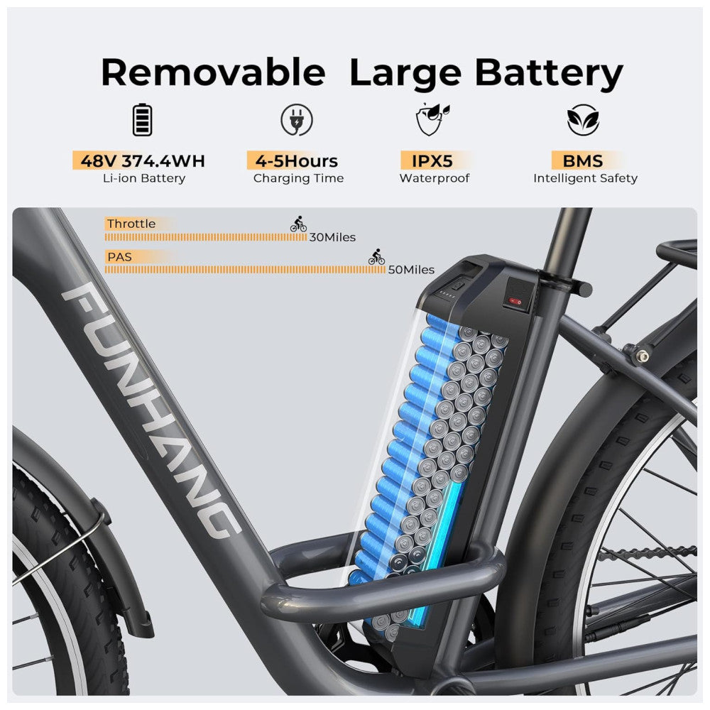 Bicicleta Elétrica Funhang EB C1 1000W com Bateria Removível 48V, 7 Velocidades e Tela LCD para Deslocamento Diário, GRAFITE