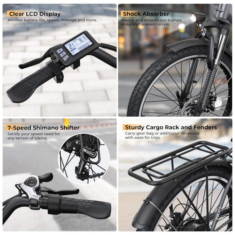 Bicicleta Elétrica Funhang EB C1 1000W com Bateria Removível 48V, 7 Velocidades e Tela LCD para Deslocamento Diário, GRAFITE