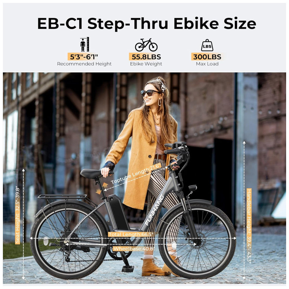Bicicleta Elétrica Funhang EB C1 1000W com Bateria Removível 48V, 7 Velocidades e Tela LCD para Deslocamento Diário, GRAFITE