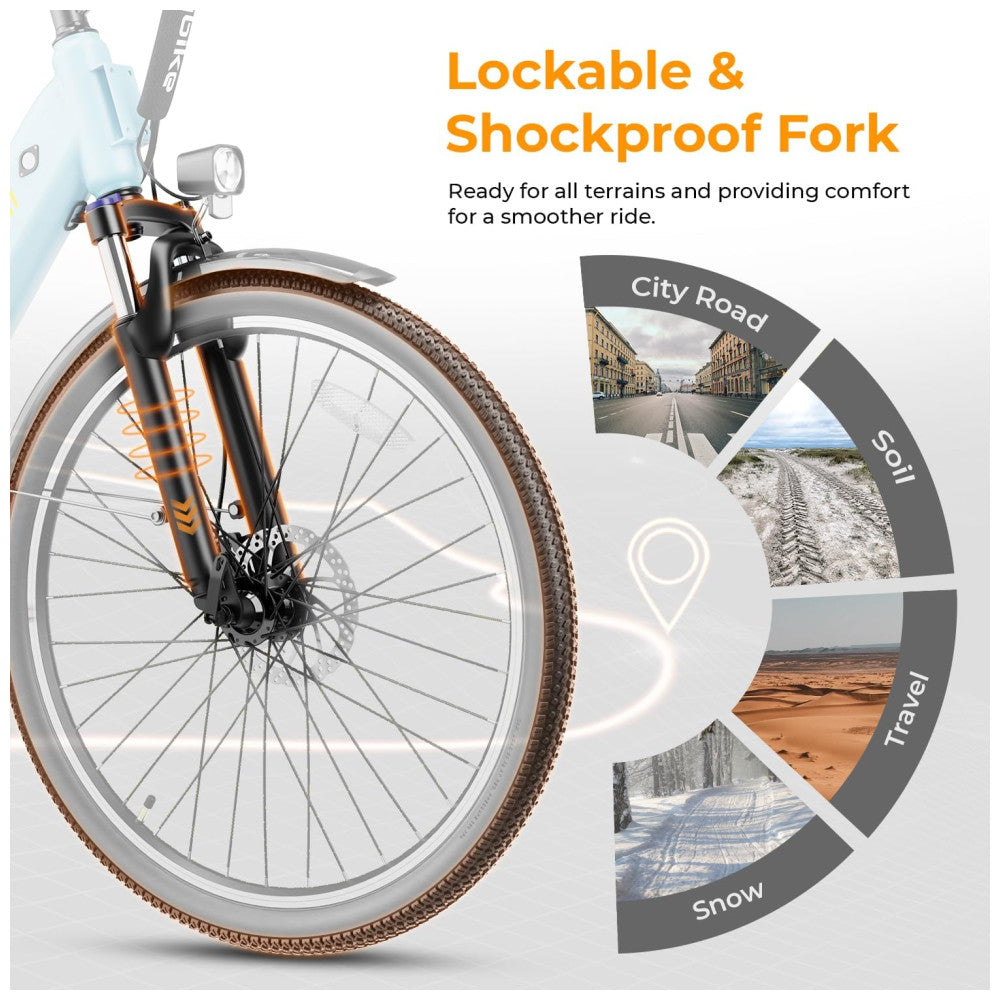 E-bike Urbana Heybike Cityscape 2.0, Motor 500W (Pico 1000W), Bateria Removível 468Wh UL, 7 Marchas, Freios a Disco 26" Azul Clássico