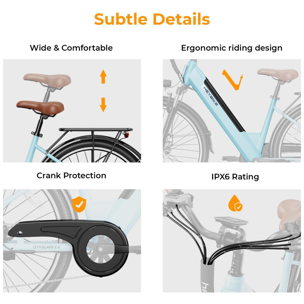 E-bike Urbana Heybike Cityscape 2.0, Motor 500W (Pico 1000W), Bateria Removível 468Wh UL, 7 Marchas, Freios a Disco 26" Azul Clássico