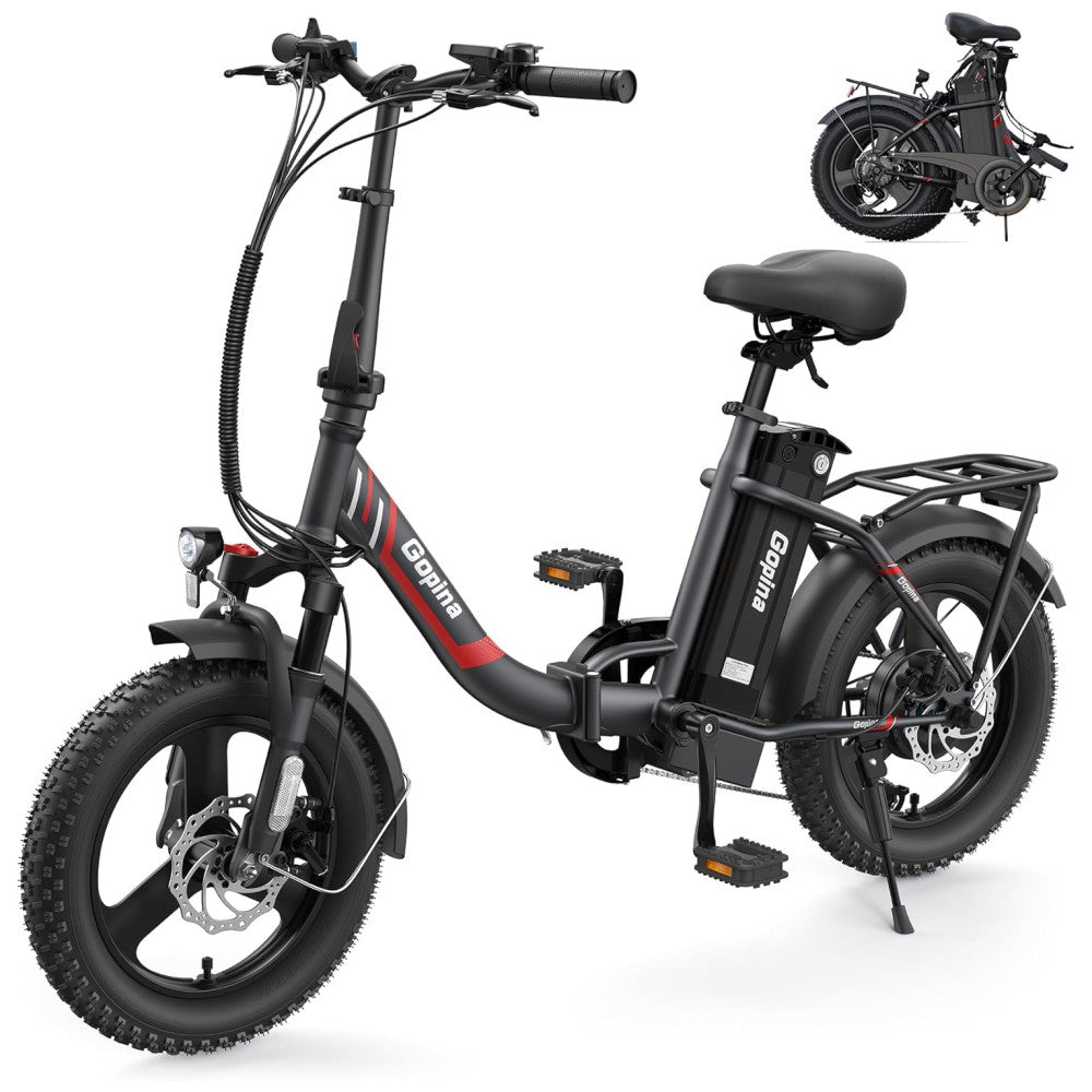 Bicicleta Elétrica Vivi Gopina UL 350W, Bateria 48V 7,8Ah, Autonomia 80 km, Quadro Degrau Baixo Dobrável, Pneus Fat 16x3.0, 7 Marchas, Tela LCD, Assistência ao Pedal, Preta e vermelho