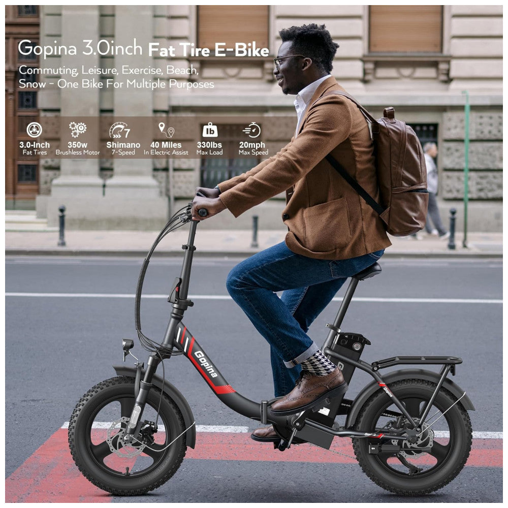 Bicicleta Elétrica Vivi Gopina UL 350W, Bateria 48V 7,8Ah, Autonomia 80 km, Quadro Degrau Baixo Dobrável, Pneus Fat 16x3.0, 7 Marchas, Tela LCD, Assistência ao Pedal, Preta e vermelho