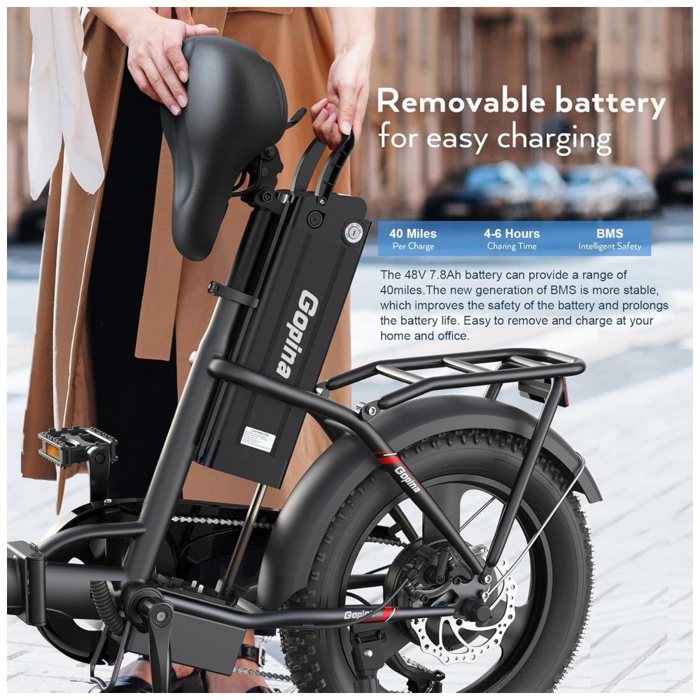 Bicicleta Elétrica Vivi Gopina UL 350W, Bateria 48V 7,8Ah, Autonomia 80 km, Quadro Degrau Baixo Dobrável, Pneus Fat 16x3.0, 7 Marchas, Tela LCD, Assistência ao Pedal, Preta e vermelho