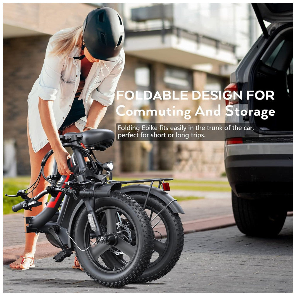 Bicicleta Elétrica Vivi Gopina UL 350W, Bateria 48V 7,8Ah, Autonomia 80 km, Quadro Degrau Baixo Dobrável, Pneus Fat 16x3.0, 7 Marchas, Tela LCD, Assistência ao Pedal, Preta e vermelho