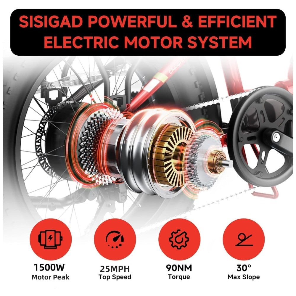 Bicicleta Elétrica Dobrável Sisigad 1500W Pico, Pneus Fat 20 x4.0, Bateria 48V 15Ah, Autonomia 96 km, 7 Velocidades, Freios a Disco, Suspensão Completa, Vermelha