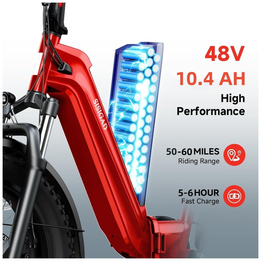 Bicicleta Elétrica Dobrável Sisigad 1500W Pico, Pneus Fat 20 x4.0, Bateria 48V 15Ah, Autonomia 96 km, 7 Velocidades, Freios a Disco, Suspensão Completa, Vermelha