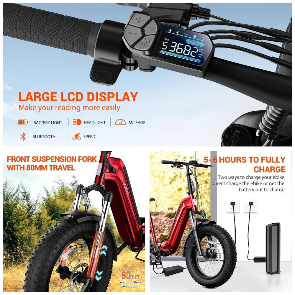 Bicicleta Elétrica Dobrável Sisigad 1500W Pico, Pneus Fat 20 x4.0, Bateria 48V 15Ah, Autonomia 96 km, 7 Velocidades, Freios a Disco, Suspensão Completa, Vermelha