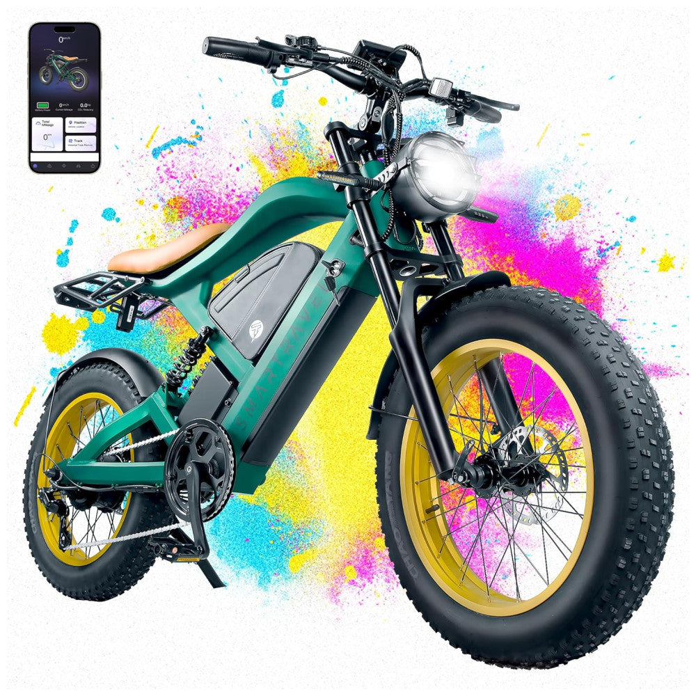 Bicicleta Elétrica SMARTRAVEL ZM22 20 Verde Motor 1200W, Bateria 48V 20Ah, Suspensão Dupla, Freios a Disco, Câmbio Shimano 7V, GPS e LCD