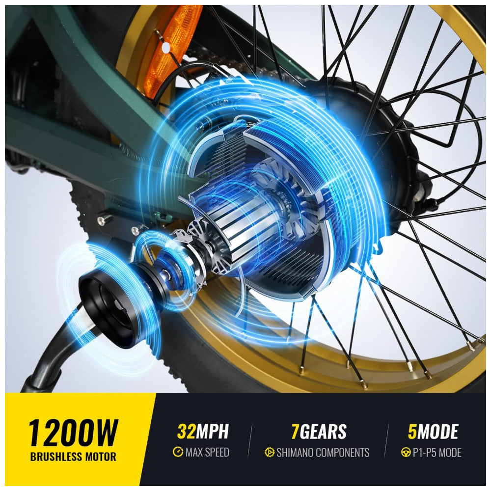 Bicicleta Elétrica SMARTRAVEL ZM22 20 Verde Motor 1200W, Bateria 48V 20Ah, Suspensão Dupla, Freios a Disco, Câmbio Shimano 7V, GPS e LCD