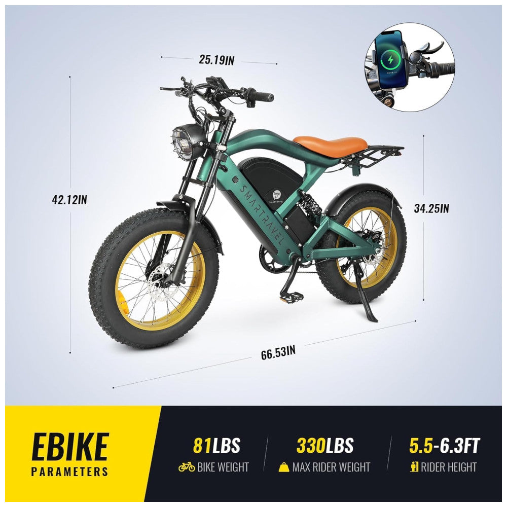Bicicleta Elétrica SMARTRAVEL ZM22 20 Verde Motor 1200W, Bateria 48V 20Ah, Suspensão Dupla, Freios a Disco, Câmbio Shimano 7V, GPS e LCD