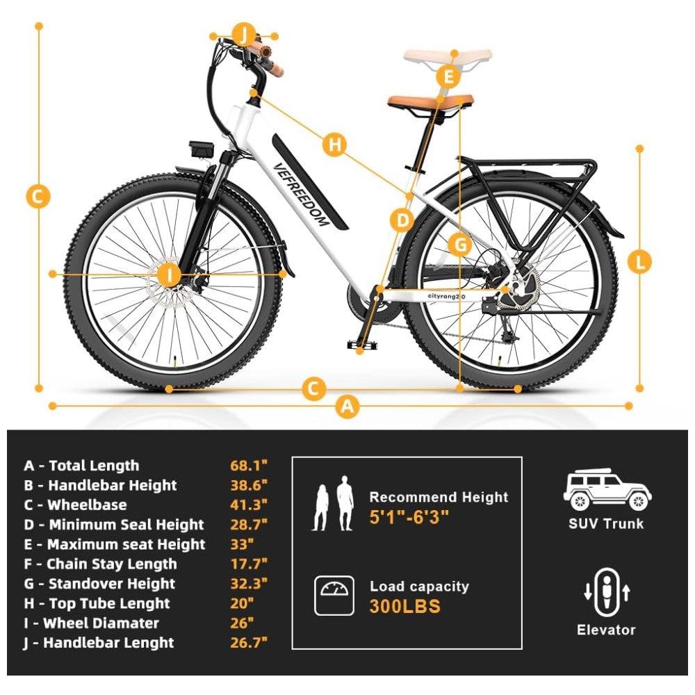 Bicicleta Elétrica Cityrang 2.0, Motor Brushless 1000W Pico, Bateria 48V 720Wh, Autonomia 112 km, Suspensão Ajustável, Freios a Disco Duplos, 7 Marchas, Tela LCD Colorida, Branca