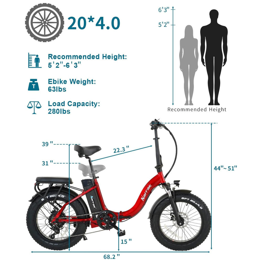 Bicicleta Elétrica Dobrável Narrak S129 Vermelho, Motor Traseiro 750W Pico 1100W , Bateria 48V 13Ah 624Wh , Pneus Largos 20 x4 , Freios a Disco Duplos, Suspensão Dianteira e Transmissão SHIMANO 7 Velocidades e velocidade máxima de 45km h, Vermelho Step