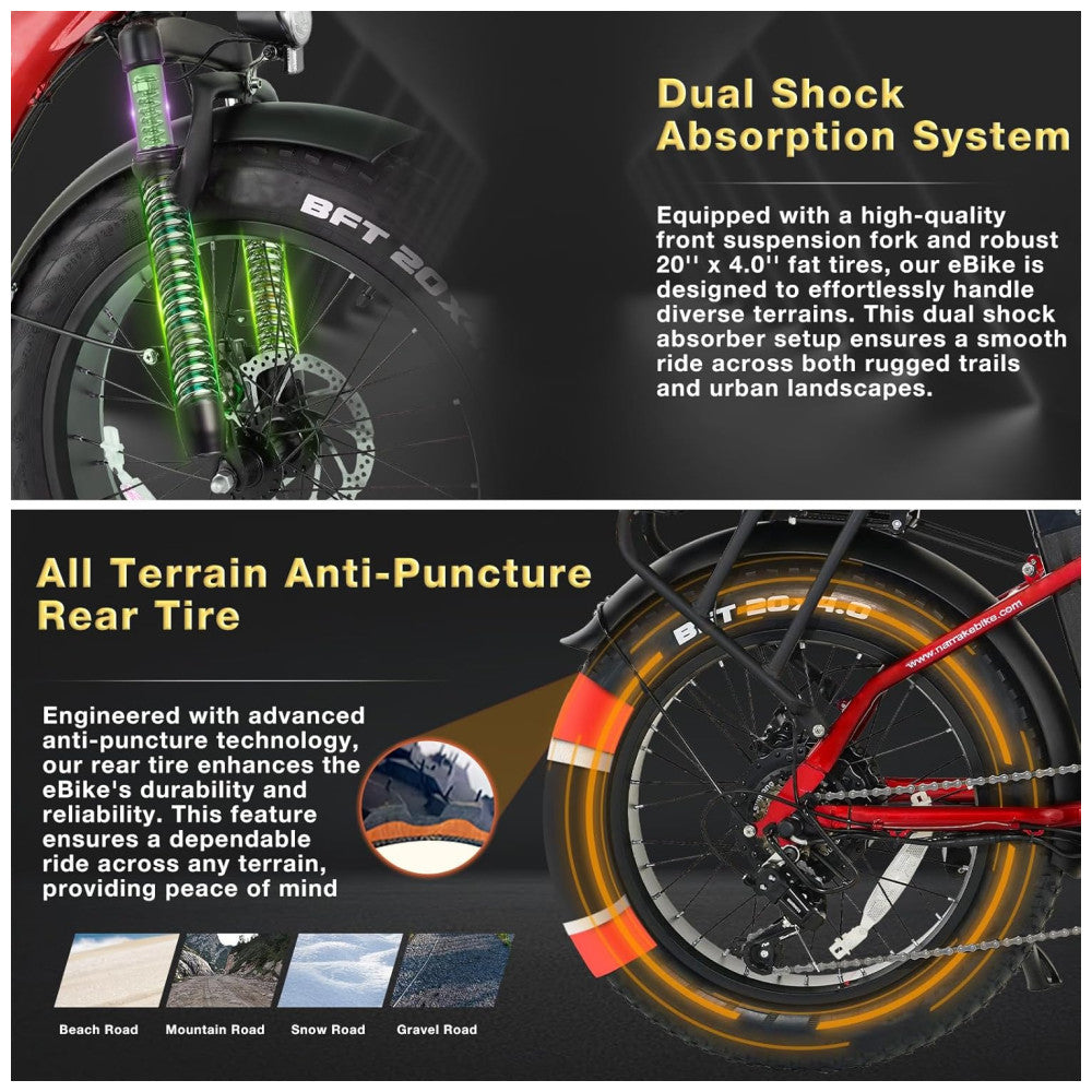 Bicicleta Elétrica Dobrável Narrak S129 Vermelho, Motor Traseiro 750W Pico 1100W , Bateria 48V 13Ah 624Wh , Pneus Largos 20 x4 , Freios a Disco Duplos, Suspensão Dianteira e Transmissão SHIMANO 7 Velocidades e velocidade máxima de 45km h, Vermelho Step