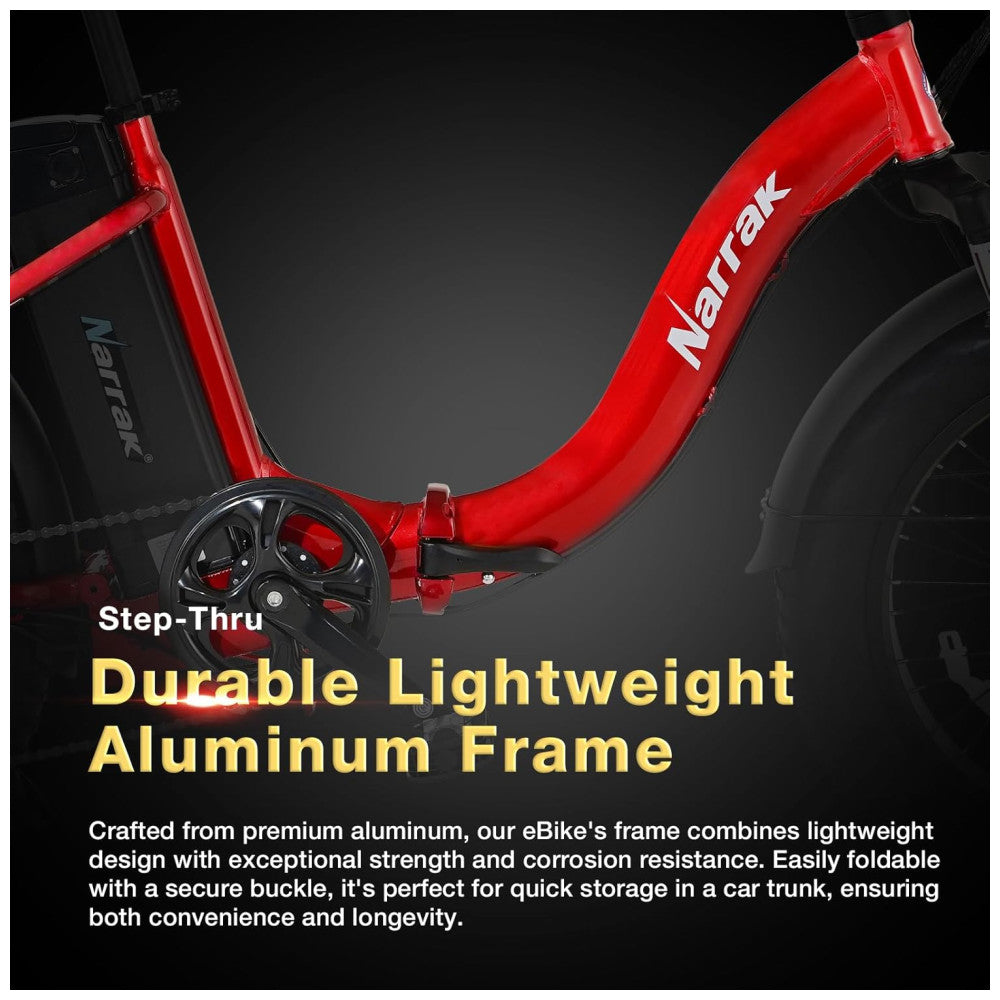 Bicicleta Elétrica Dobrável Narrak S129 Vermelho, Motor Traseiro 750W Pico 1100W , Bateria 48V 13Ah 624Wh , Pneus Largos 20 x4 , Freios a Disco Duplos, Suspensão Dianteira e Transmissão SHIMANO 7 Velocidades e velocidade máxima de 45km h, Vermelho Step
