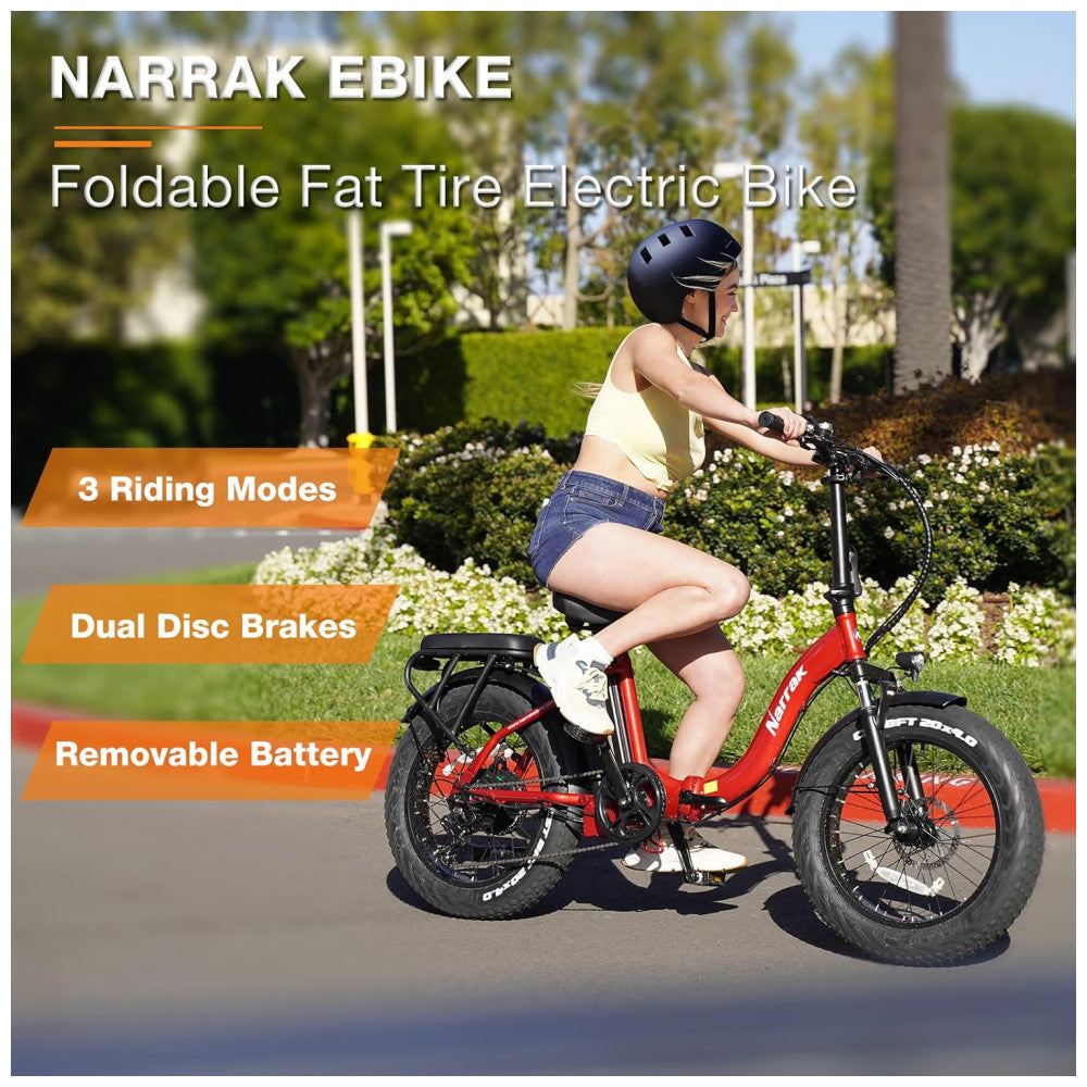 Bicicleta Elétrica Dobrável Narrak S129 Vermelho, Motor Traseiro 750W Pico 1100W , Bateria 48V 13Ah 624Wh , Pneus Largos 20 x4 , Freios a Disco Duplos, Suspensão Dianteira e Transmissão SHIMANO 7 Velocidades e velocidade máxima de 45km h, Vermelho Step