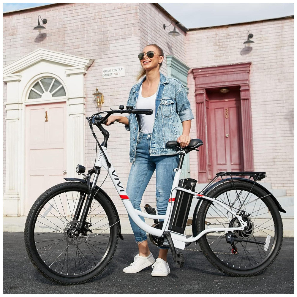 Bicicleta Elétrica VIVI Urbana 26 , Motor 1000W Pico, Bateria 48V Removível, Autonomia 80 km, Até 35 km h, Freios a Disco, 7 Marchas, Tela LCD, 5 Modos, Branca