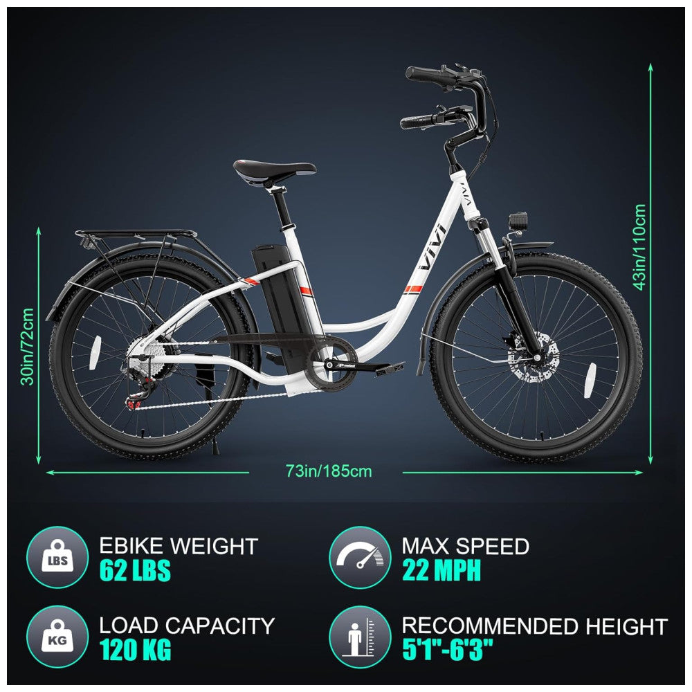 Bicicleta Elétrica VIVI Urbana 26 , Motor 1000W Pico, Bateria 48V Removível, Autonomia 80 km, Até 35 km h, Freios a Disco, 7 Marchas, Tela LCD, 5 Modos, Branca