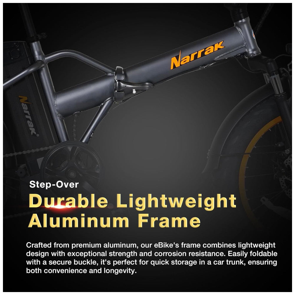 Bicicleta Elétrica Dobrável Narrak S129 Laranja StepOver, Motor Traseiro 750W Pico 1100W , Bateria 48V 13Ah 624Wh , Pneus Largos 20 x4 , Freios a Disco Duplos, Suspensão Dianteira, Transmissão SHIMANO 7 Velocidades, Velocidade Máxima 45,1 km h, Laranja
