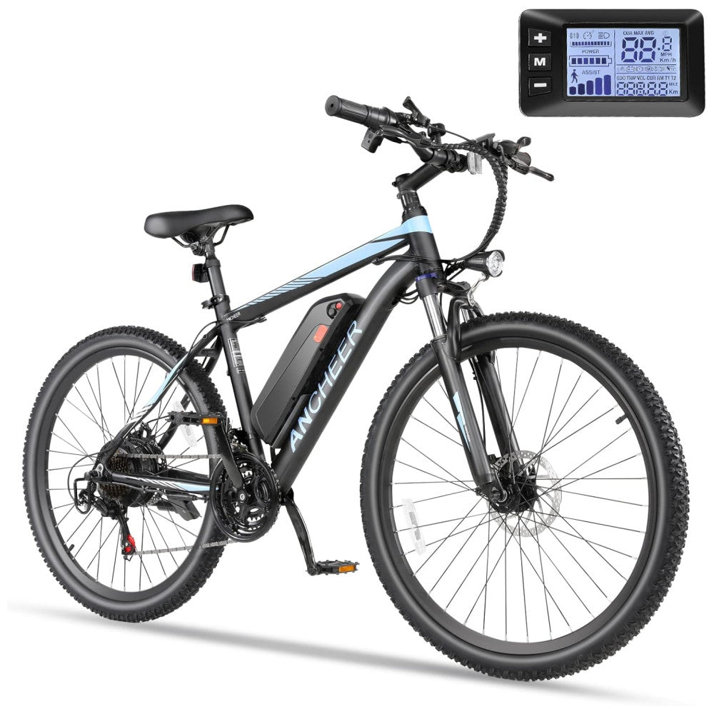 Bicicleta Elétrica ANCHEER Sunshine – Motor Peak 750 W, Bateria Removível 48 V 7,8–10,4 Ah, 21 Velocidades, Pneu 26″, Suspensão Frontal, Cor Preto e Azul