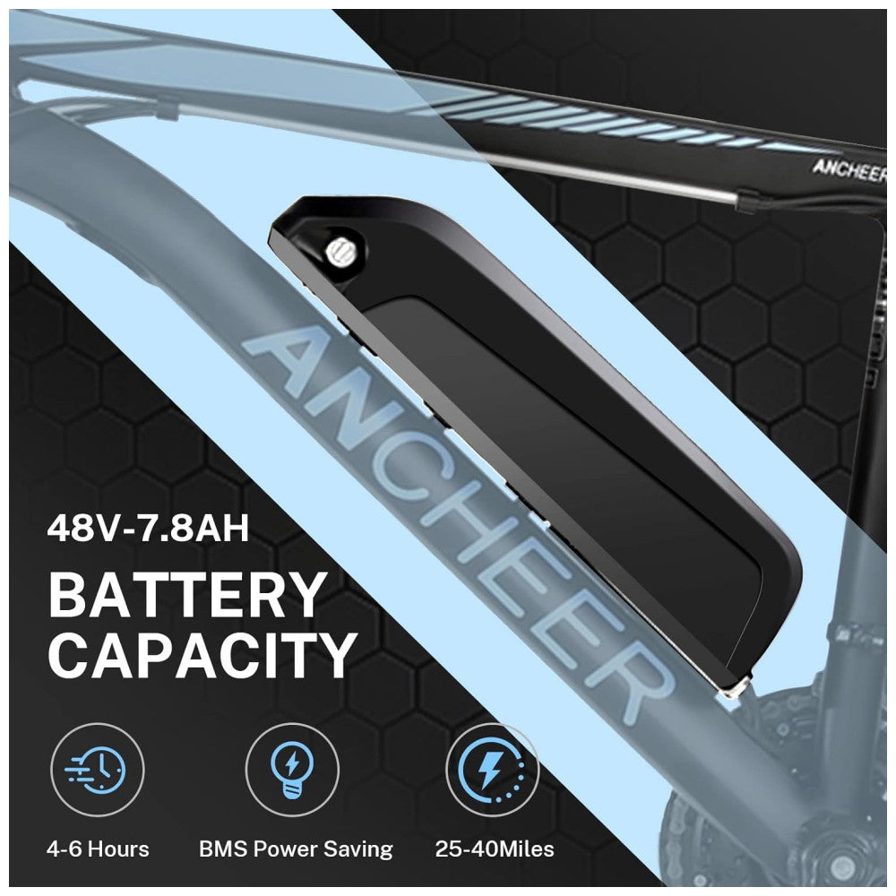 Bicicleta Elétrica ANCHEER Sunshine – Motor Peak 750 W, Bateria Removível 48 V 7,8–10,4 Ah, 21 Velocidades, Pneu 26″, Suspensão Frontal, Cor Preto e Azul