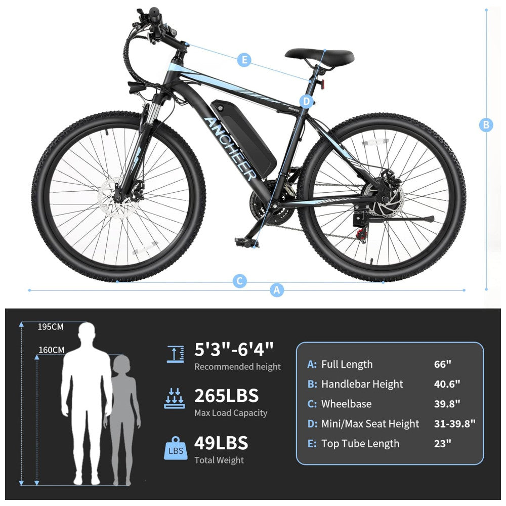 Bicicleta Elétrica ANCHEER Sunshine – Motor Peak 750 W, Bateria Removível 48 V 7,8–10,4 Ah, 21 Velocidades, Pneu 26″, Suspensão Frontal, Cor Preto e Azul