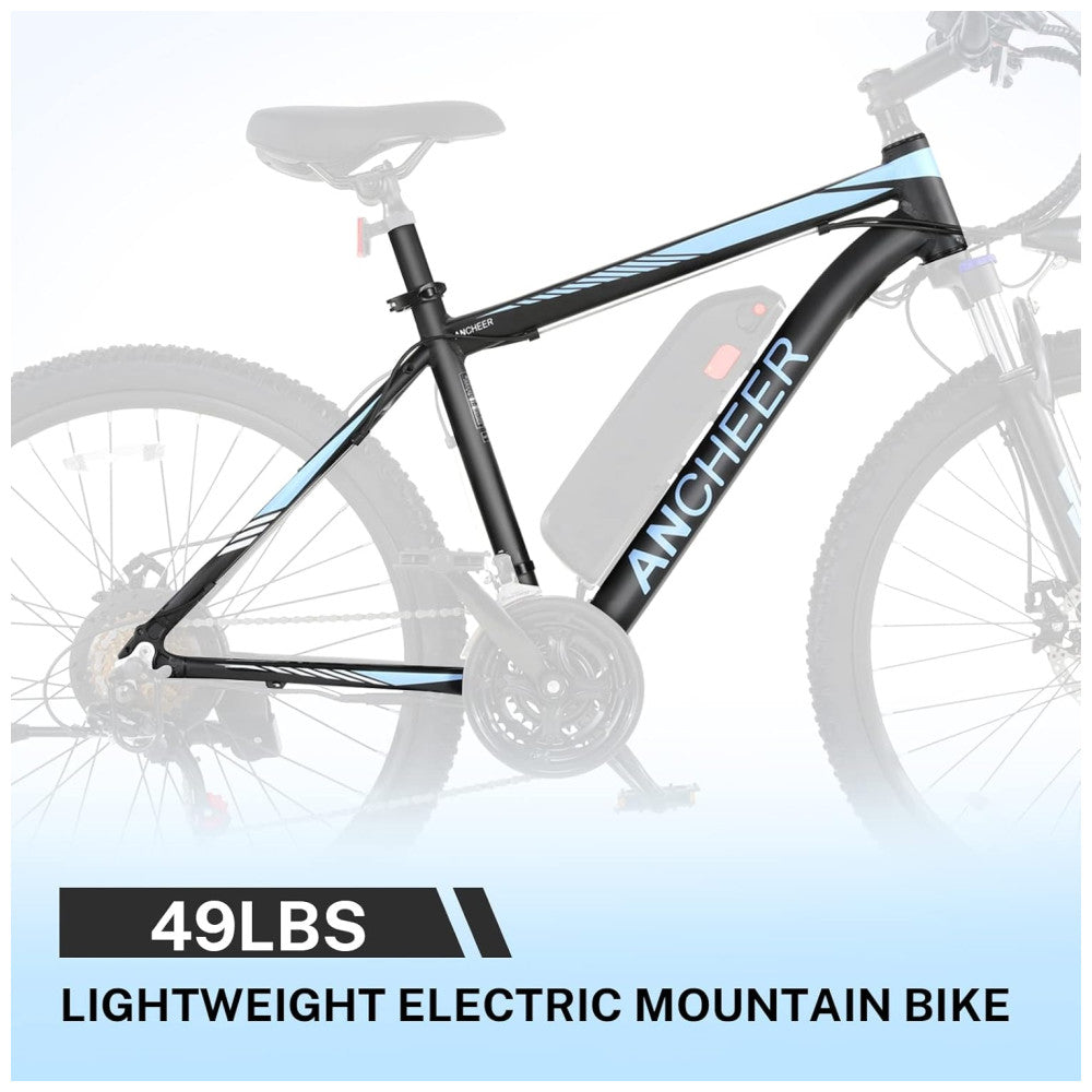 Bicicleta Elétrica ANCHEER Sunshine – Motor Peak 750 W, Bateria Removível 48 V 7,8–10,4 Ah, 21 Velocidades, Pneu 26″, Suspensão Frontal, Cor Preto e Azul
