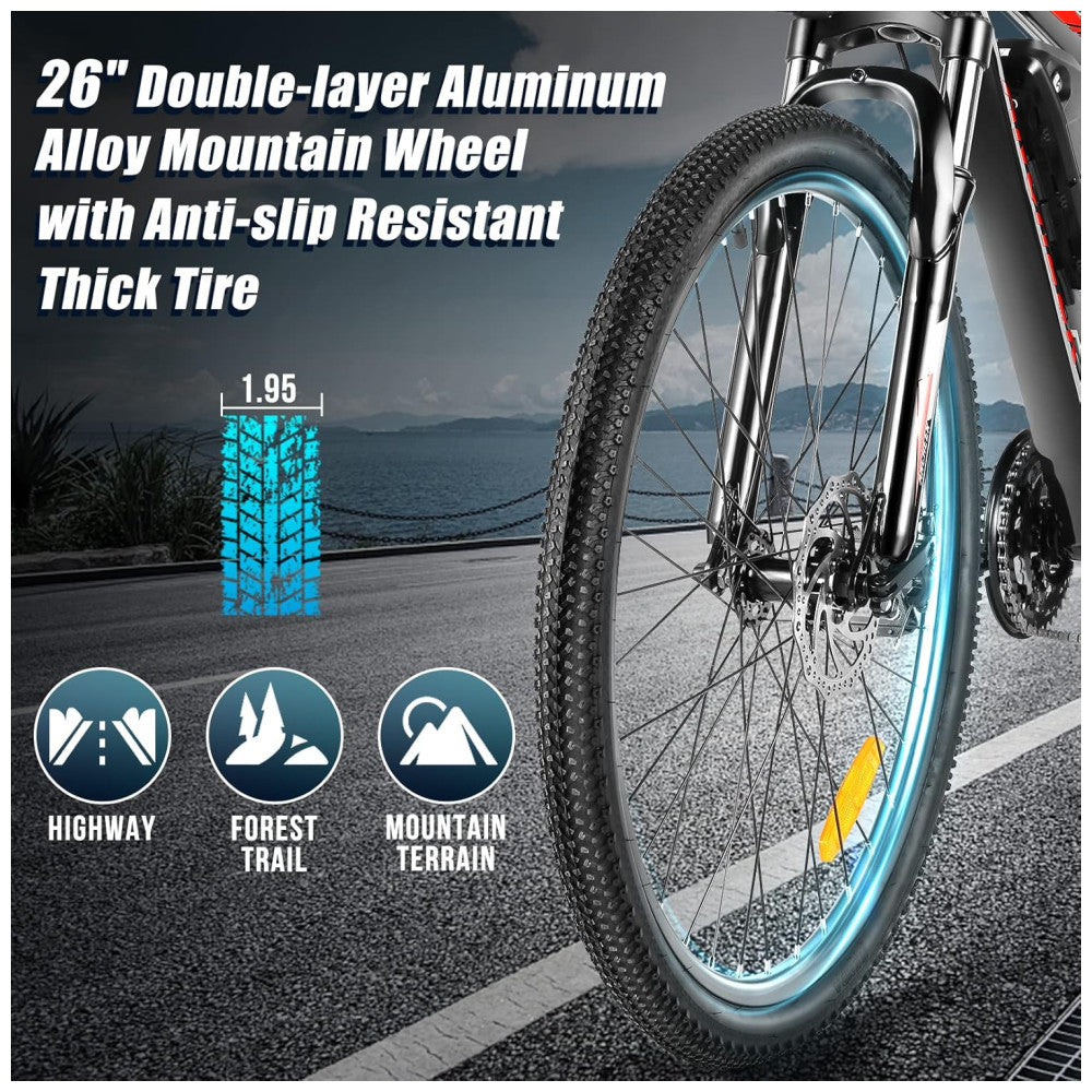 Bicicleta Elétrica ANCHEER Sunshine – Motor Peak 750 W, Bateria Removível 48 V 7,8–10,4 Ah, 21 Velocidades, Pneu 26″, Suspensão Frontal, Cor Preto e Azul