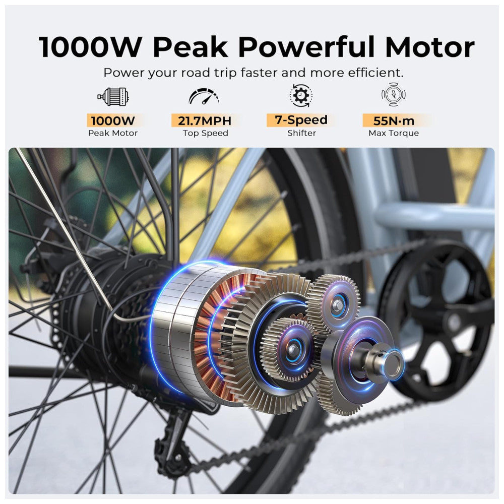 Bicicleta Elétrica Funhang EB C1 1000W com Bateria Removível 48V, 7 Velocidades e Tela LCD para Deslocamento Diário, AZUL