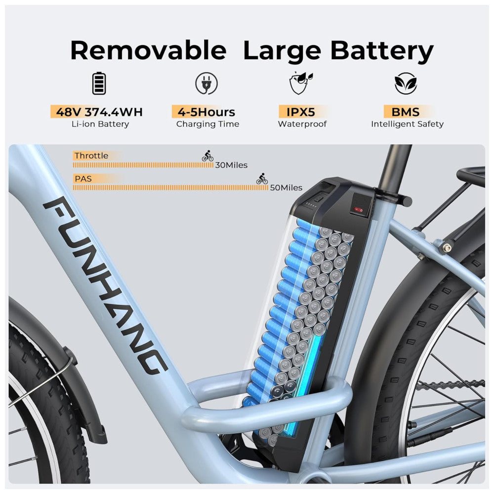Bicicleta Elétrica Funhang EB C1 1000W com Bateria Removível 48V, 7 Velocidades e Tela LCD para Deslocamento Diário, AZUL