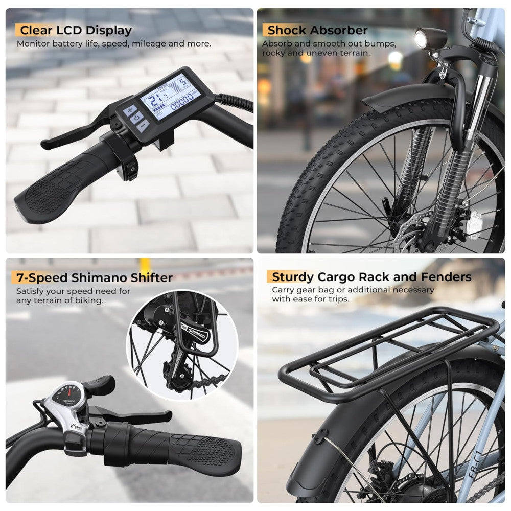 Bicicleta Elétrica Funhang EB C1 1000W com Bateria Removível 48V, 7 Velocidades e Tela LCD para Deslocamento Diário, AZUL