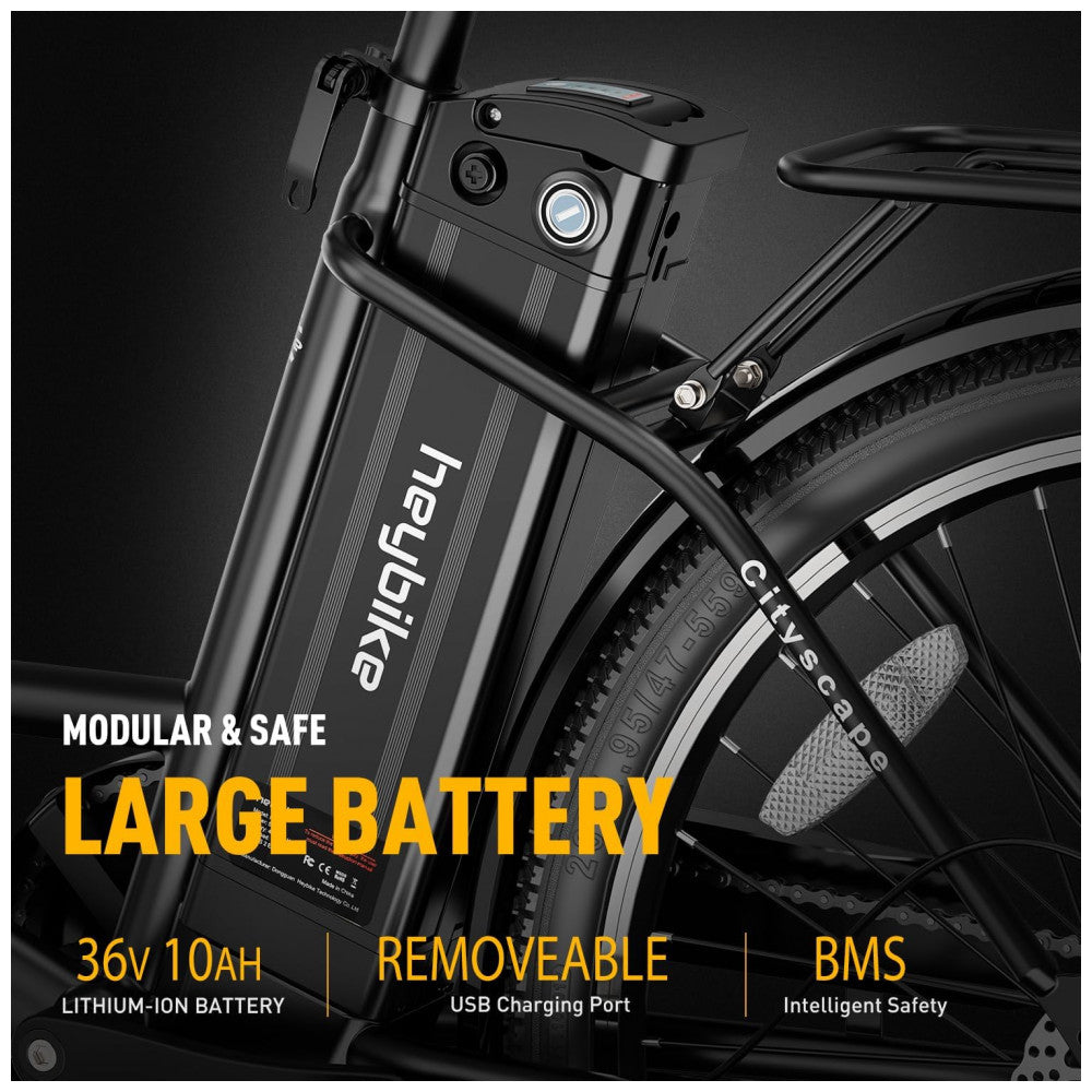 Bicicleta Elétrica Heybike Cityscape, 350W, 64km de Autonomia, Rodas 26", Câmbio 7V, Quadro Step-Through, Retrô Urbana com Bagageiro – Preta