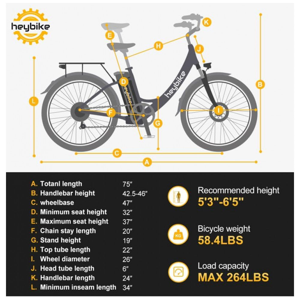 Bicicleta Elétrica Heybike Cityscape, 350W, 64km de Autonomia, Rodas 26", Câmbio 7V, Quadro Step-Through, Retrô Urbana com Bagageiro – Preta