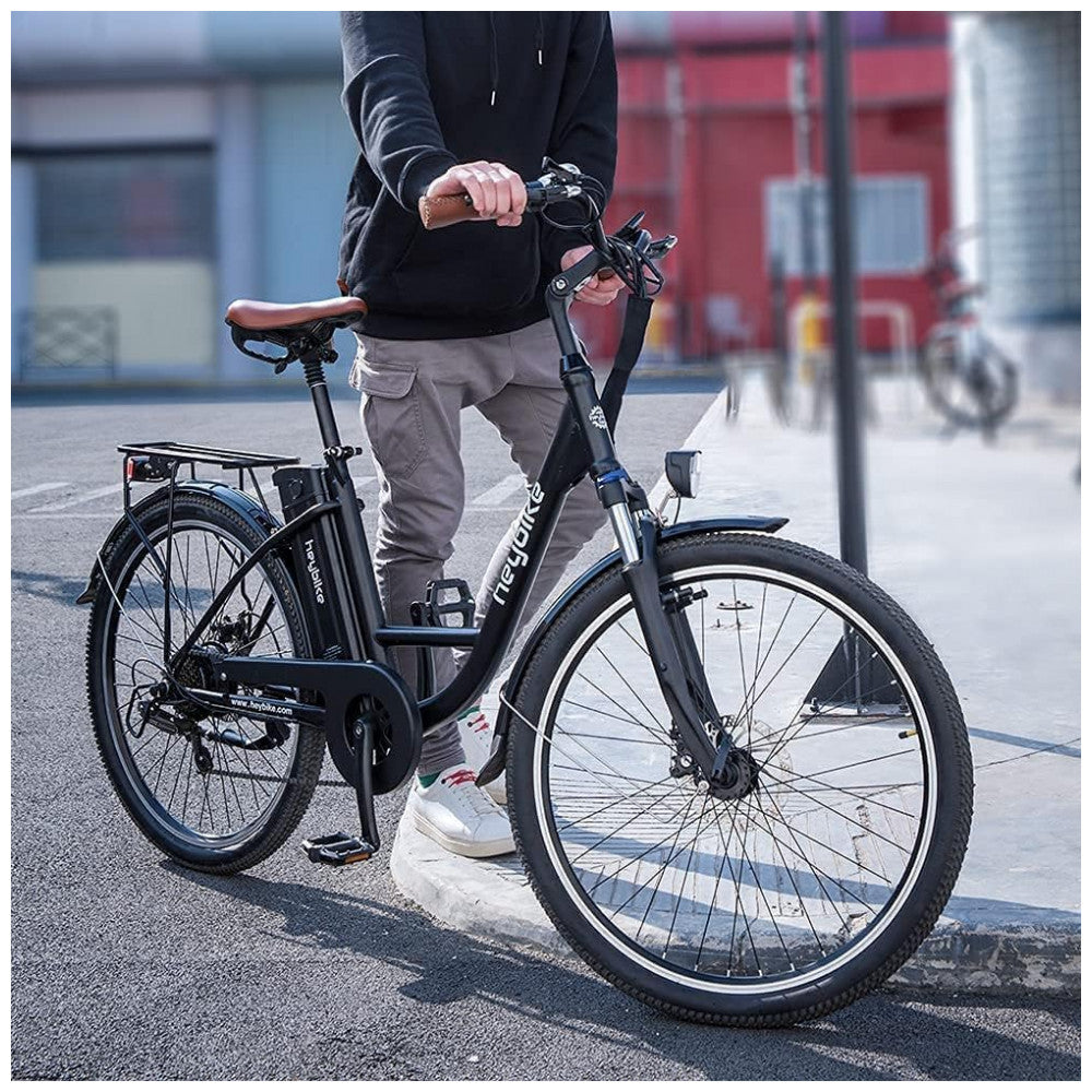 Bicicleta Elétrica Heybike Cityscape, 350W, 64km de Autonomia, Rodas 26", Câmbio 7V, Quadro Step-Through, Retrô Urbana com Bagageiro – Preta