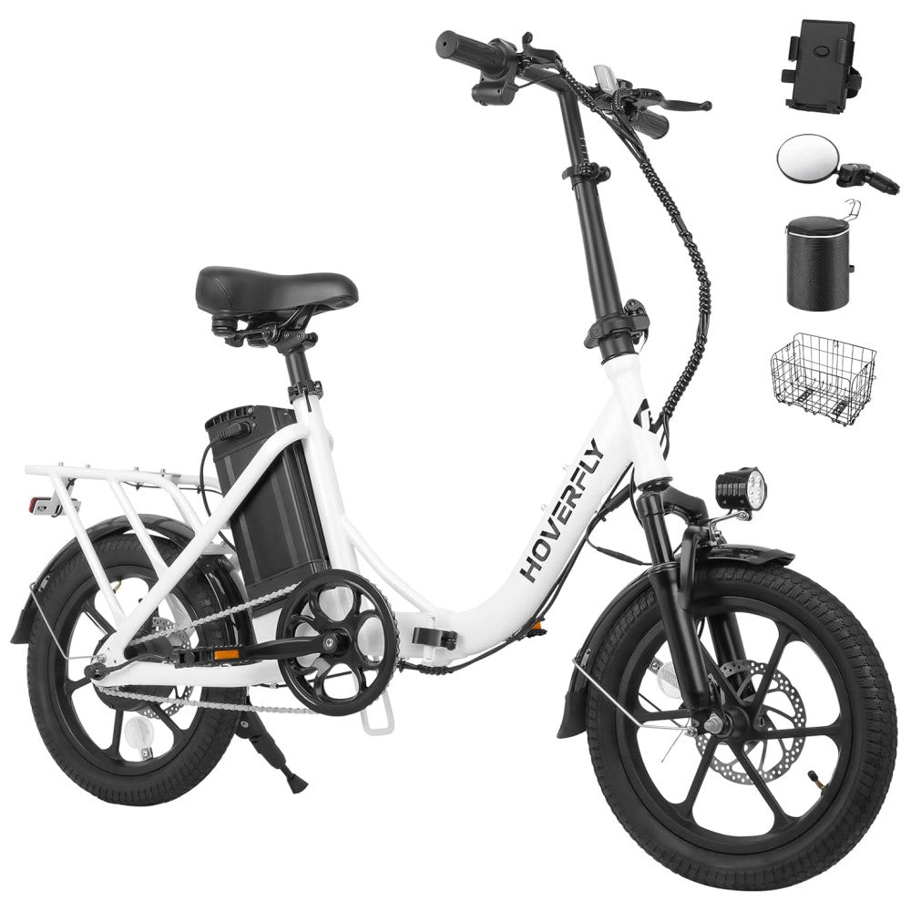 Bicicleta Elétrica Dobrável Hoverfly, 500W de Pico, 25 km h, 45 km de Alcance, Rodas 16 , Bateria Removível, Suspensão Dupla, Freios a Disco e Certificação UL2849, BRANCA