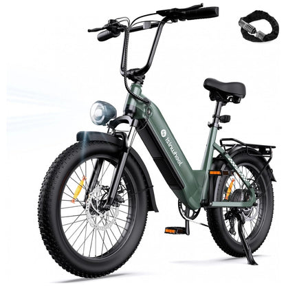 Bicicleta Elétrica Isinwheel U8 Verde 20 Motor 1000W, Bateria 48V 13Ah, Suspensão Dupla, 7 Velocidades, Luz 2000 Lúmens