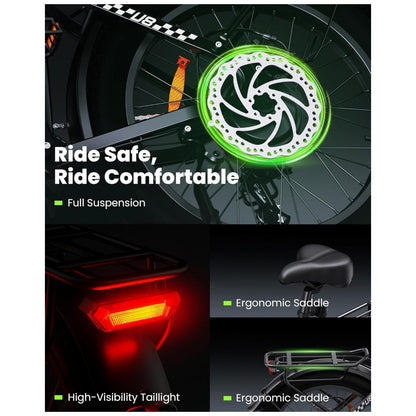 Bicicleta Elétrica Isinwheel U8 Verde 20 Motor 1000W, Bateria 48V 13Ah, Suspensão Dupla, 7 Velocidades, Luz 2000 Lúmens