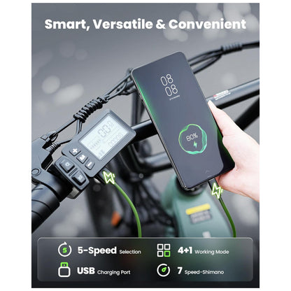 Bicicleta Elétrica Isinwheel U8 Verde 20 Motor 1000W, Bateria 48V 13Ah, Suspensão Dupla, 7 Velocidades, Luz 2000 Lúmens