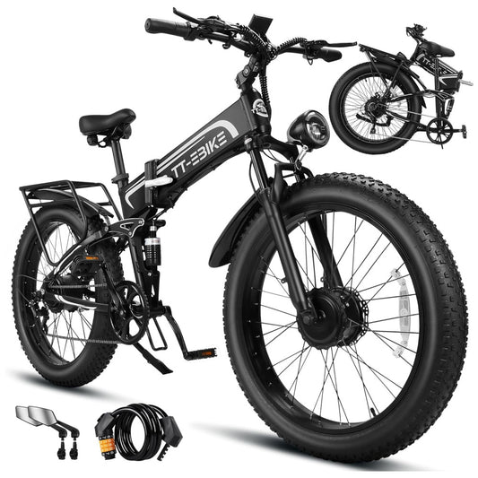 Bicicleta Elétrica Dobrável 5000W com Motores Duplos, Bateria 60V 30Ah, Suspensão Total, Pneus Fat 26 , Freios a Disco Duplos e Display LCD, PRETA